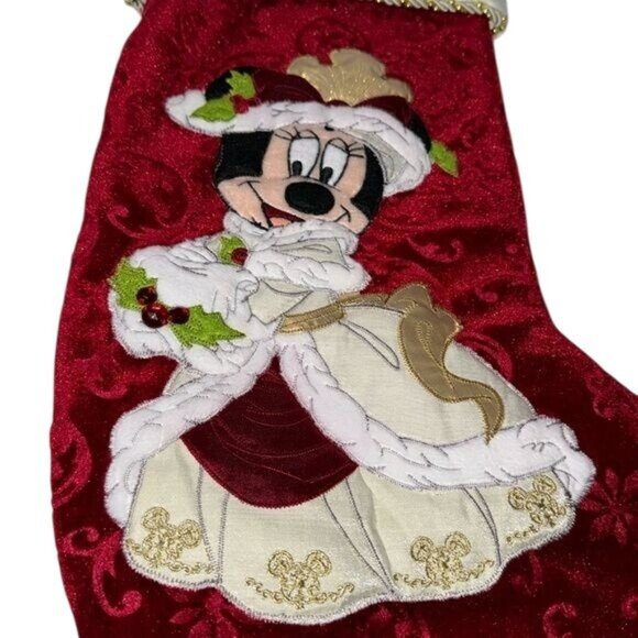 Disney Minnie Mouse Red & Gold Christmas Stocking 19" Satin & Velvet Holiday Dec - Picture 3 of 11